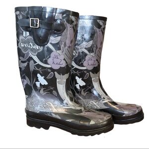The Sac Waterproof Rain Boots, Black/Grey, Bird & Flower Theme, Size 9